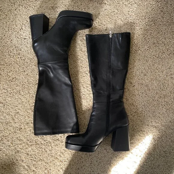 Platform Square Toe Leather Boots - Picture 3 of 9